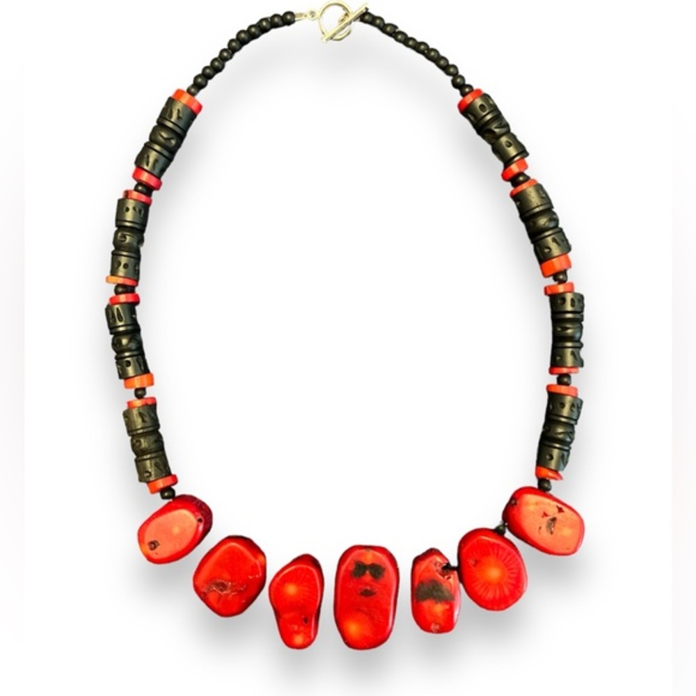 Lava Stone and Oxblood Red Coral Chunky Necklace
